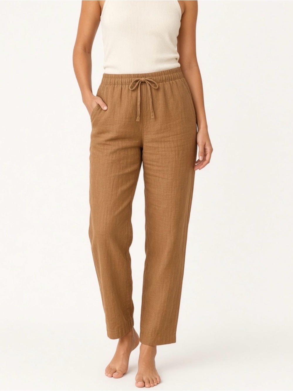 Zara Brown Linen Blend Drawstring Jogger Pants Size L - Casual Everyday Pockets